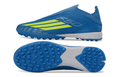 Adidas F50 Elite Laceless TF Artificial Turf Soccer Shoes - Blue/Luminous Green/White
