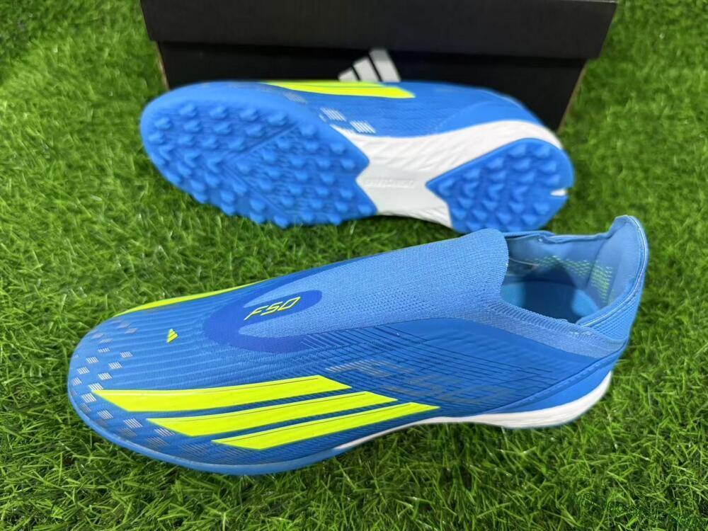 Adidas F50 Elite Laceless TF Artificial Turf Soccer Shoes - Blue/Luminous Green/White