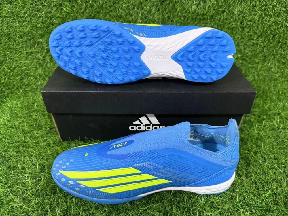 Adidas F50 Elite Laceless TF Artificial Turf Soccer Shoes - Blue/Luminous Green/White