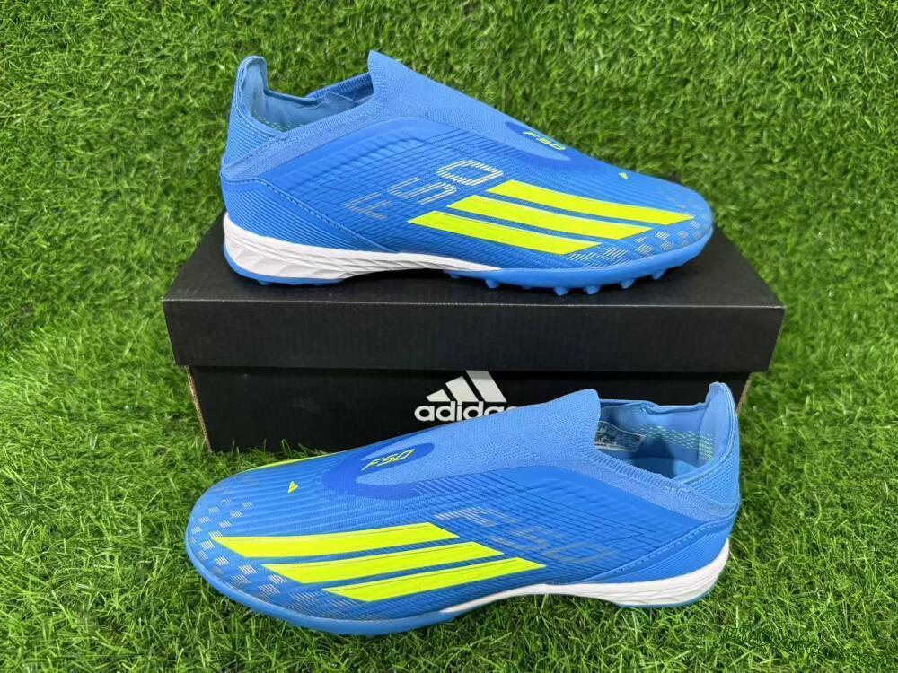 Adidas F50 Elite Laceless TF Artificial Turf Soccer Shoes - Blue/Luminous Green/White