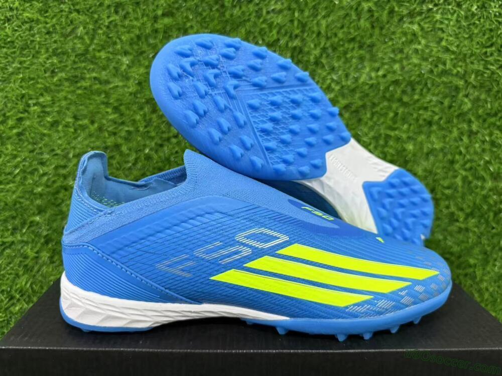 Adidas F50 Elite Laceless TF Artificial Turf Soccer Shoes - Blue/Luminous Green/White