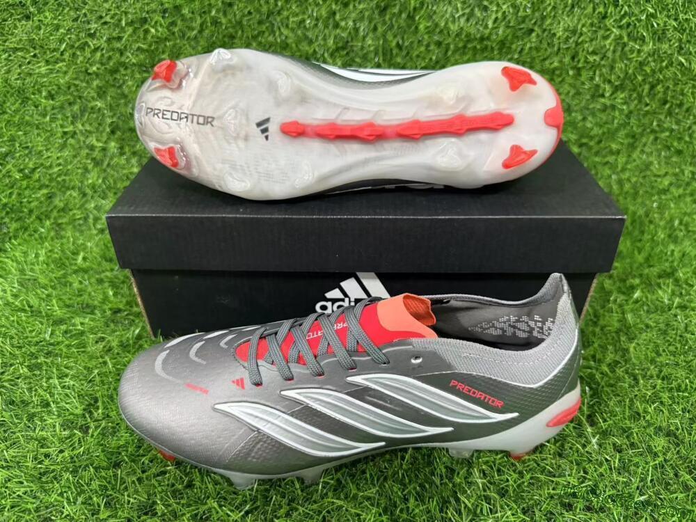 Adidas Predator 26 Elite FG Firm Ground Soccer Cleats - Gray/Crimson Red/Steel Silver
