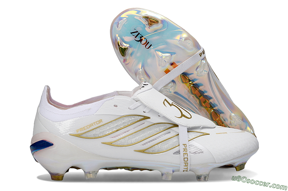 Adidas Predator 26 Elite Fold-Over Tongue FG Firm Ground Soccer Cleats - White/Gold Accent/Reflective Hues 1