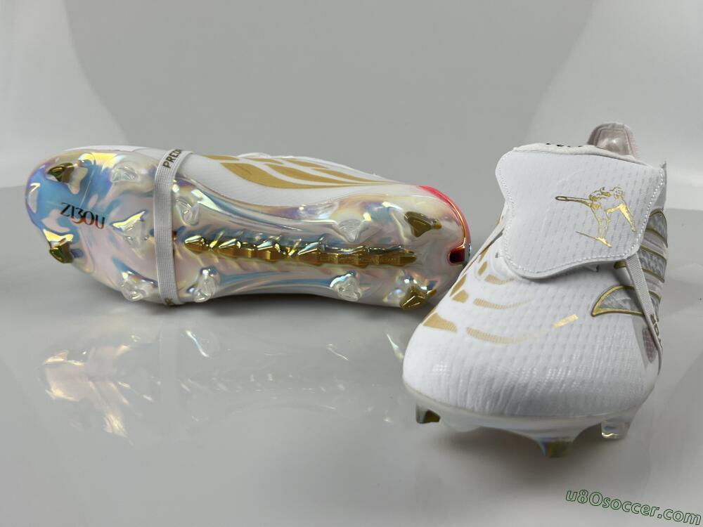 Adidas Predator 26 Elite Fold-Over Tongue FG Firm Ground Soccer Cleats - White/Gold Accent/Reflective Hues