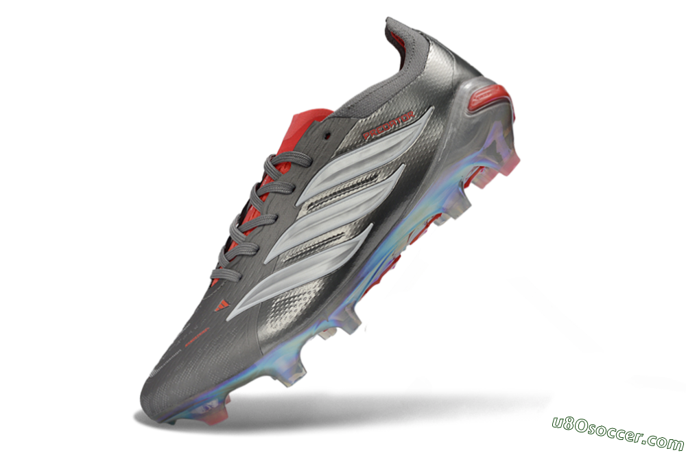 Adidas Predator 26 Elite FG Firm Ground Soccer Cleats - Gray/Crimson Red/Metallic Silver 5