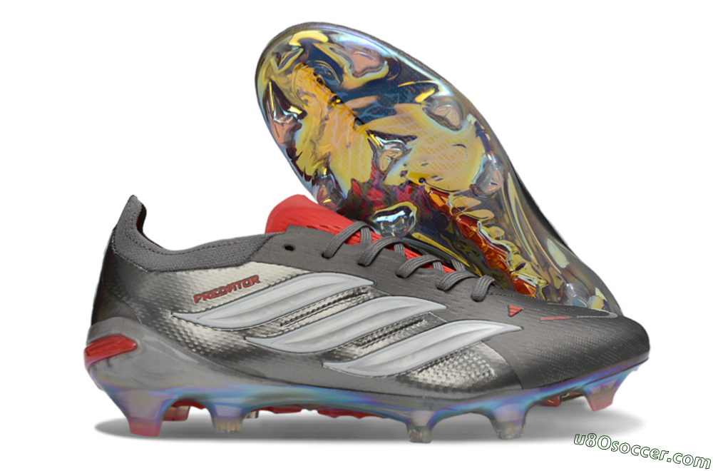 Adidas Predator 26 Elite FG Firm Ground Soccer Cleats - Gray/Crimson Red/Metallic Silver 1