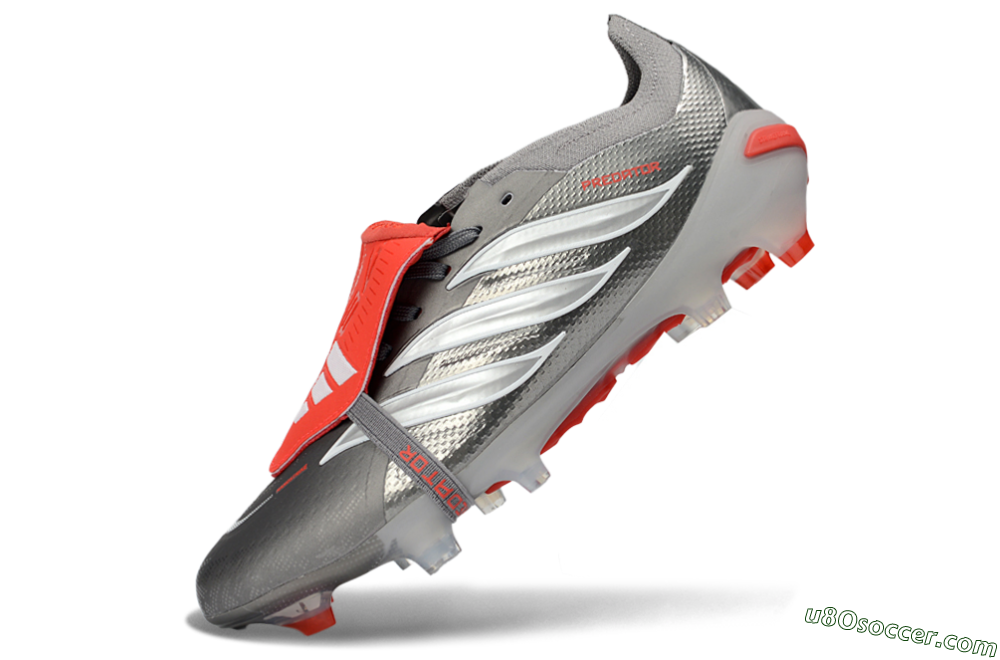 Adidas Predator 26 Elite Fold-Over Tongue FG Firm Ground Soccer Cleats - Gray/Electric Red/Metallic Silver 6