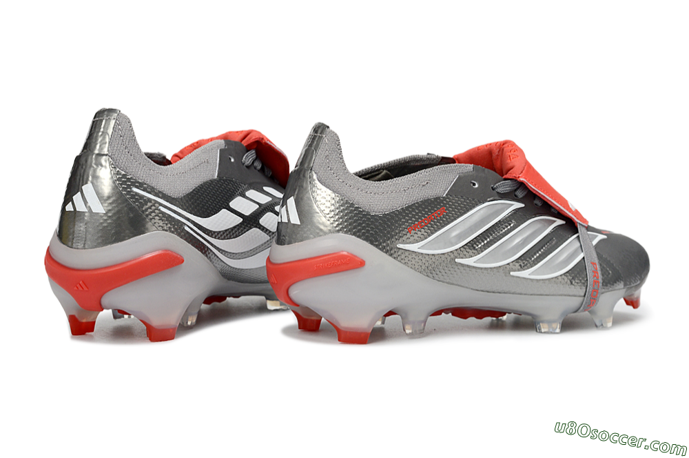 Adidas Predator 26 Elite Fold-Over Tongue FG Firm Ground Soccer Cleats - Gray/Electric Red/Metallic Silver 7
