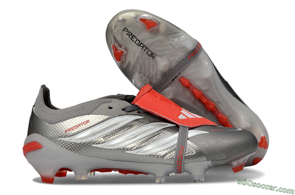 Adidas Predator 26 Elite Fold-Over Tongue FG Firm Ground Soccer Cleats - Gray/Electric Red/Metallic Silver 1