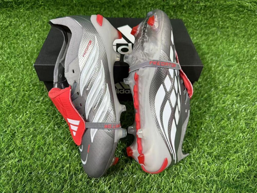 Adidas Predator 26 Elite Fold-Over Tongue FG Firm Ground Soccer Cleats - Gray/Electric Red/Metallic Silver