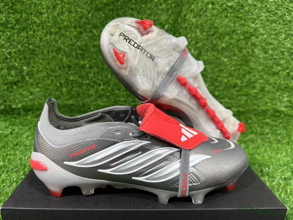 Adidas Predator 26 Elite Fold-Over Tongue FG Firm Ground Soccer Cleats - Gray/Electric Red/Metallic Silver