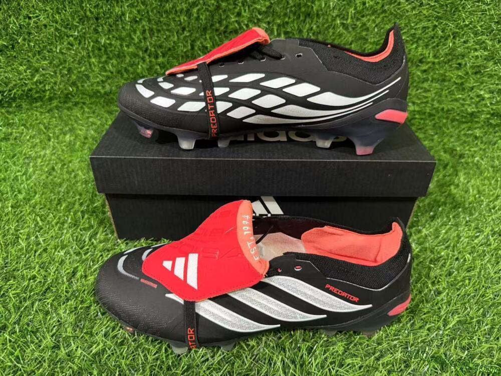 Adidas Predator 26 Elite Fold-Over Tongue FG Firm Ground Soccer Cleats - Black/Crimson Red/Metallic Silver