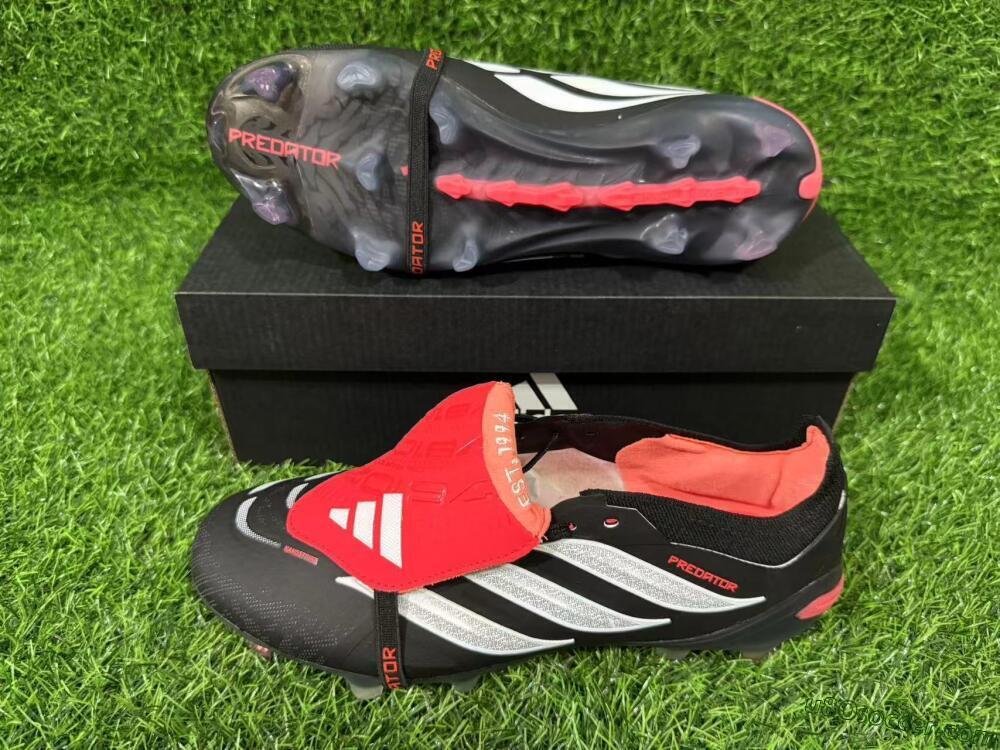 Adidas Predator 26 Elite Fold-Over Tongue FG Firm Ground Soccer Cleats - Black/Crimson Red/Metallic Silver