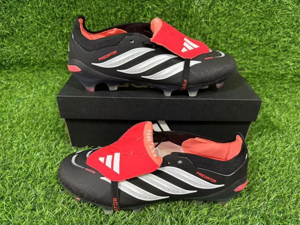 Adidas Predator 26 Elite Fold-Over Tongue FG Firm Ground Soccer Cleats - Black/Crimson Red/Metallic Silver