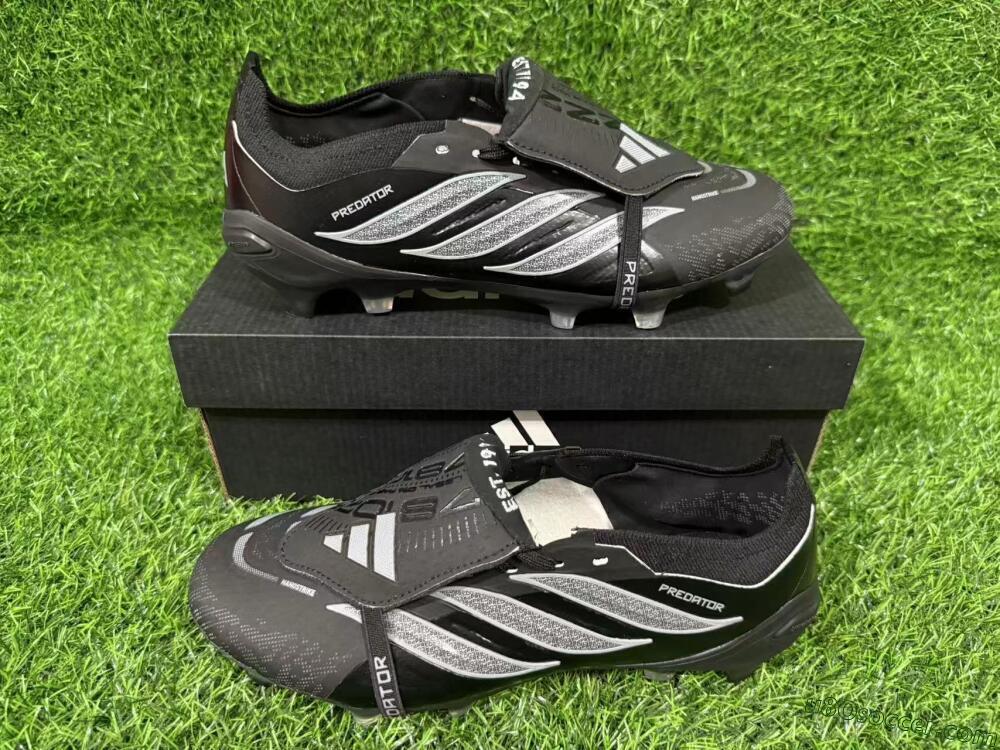 Adidas Predator 26 Elite Fold-Over Tongue FG Firm Ground Soccer Cleats - Black/Charcoal Gray/Steel Silver