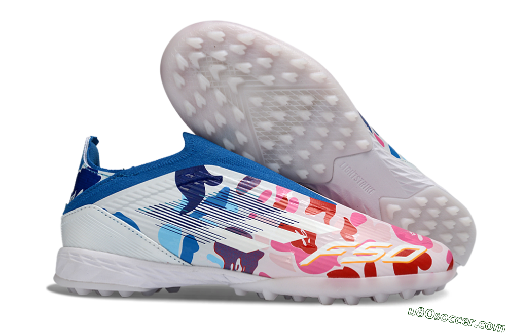 Adidas F50 Elite Laceless TF Artificial Turf Soccer Shoes - Pink/Coral Blue/Soft White 1