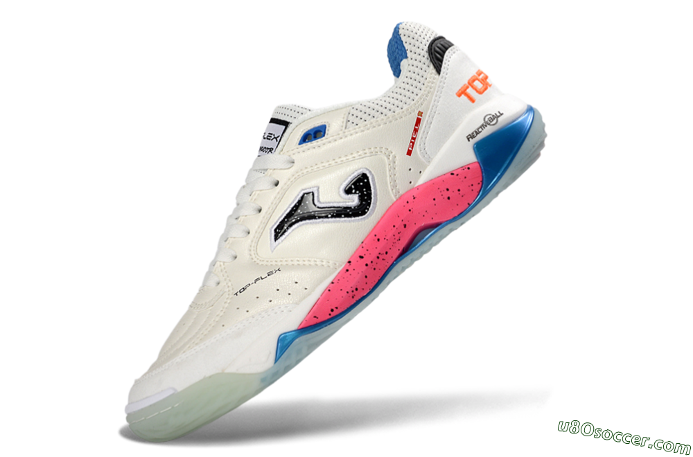 Joma Top Flex IC Indoor & Futsal Soccer Shoes - White/Coral Pink/Ocean Blue 5