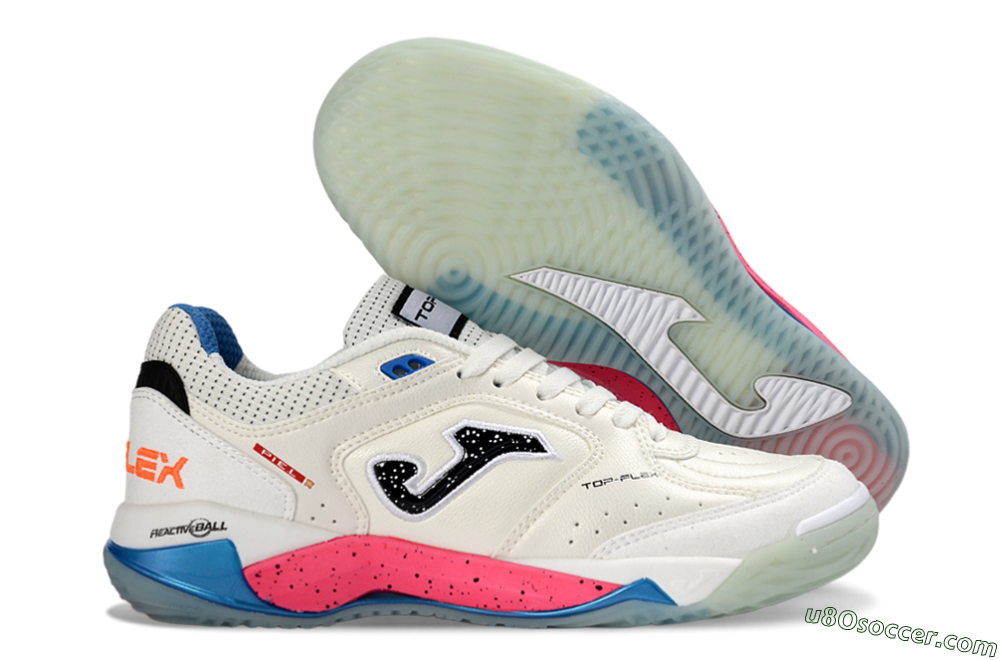 Joma Top Flex IC Indoor & Futsal Soccer Shoes - White/Coral Pink/Ocean Blue 1