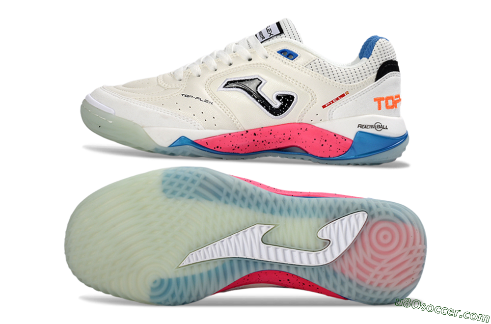 Joma Top Flex IC Indoor & Futsal Soccer Shoes - White/Coral Pink/Ocean Blue 0