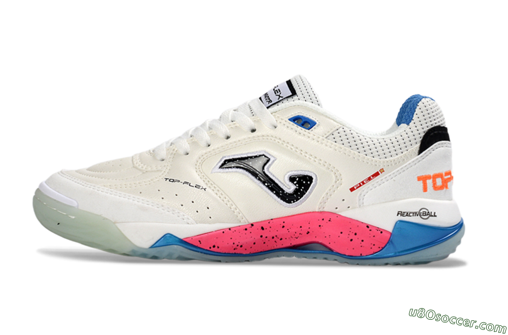 Joma Top Flex IC Indoor & Futsal Soccer Shoes - White/Coral Pink/Ocean Blue 2