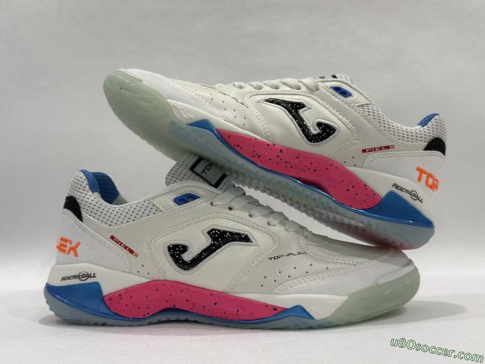 Joma Top Flex IC Indoor & Futsal Soccer Shoes - White/Coral Pink/Ocean Blue