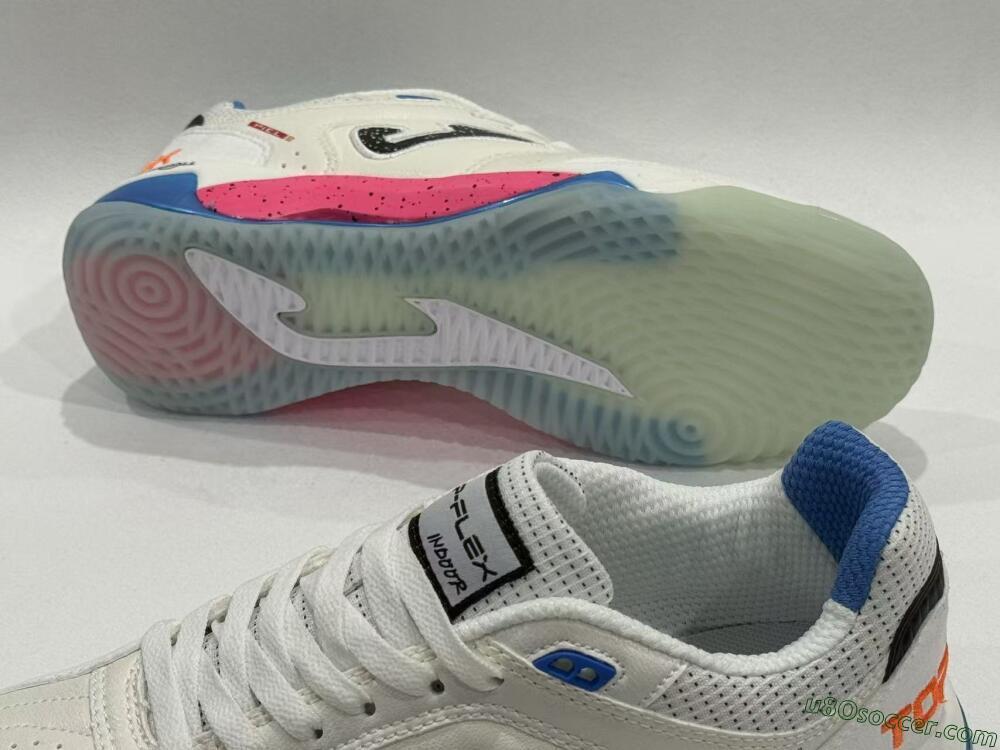 Joma Top Flex IC Indoor & Futsal Soccer Shoes - White/Coral Pink/Ocean Blue