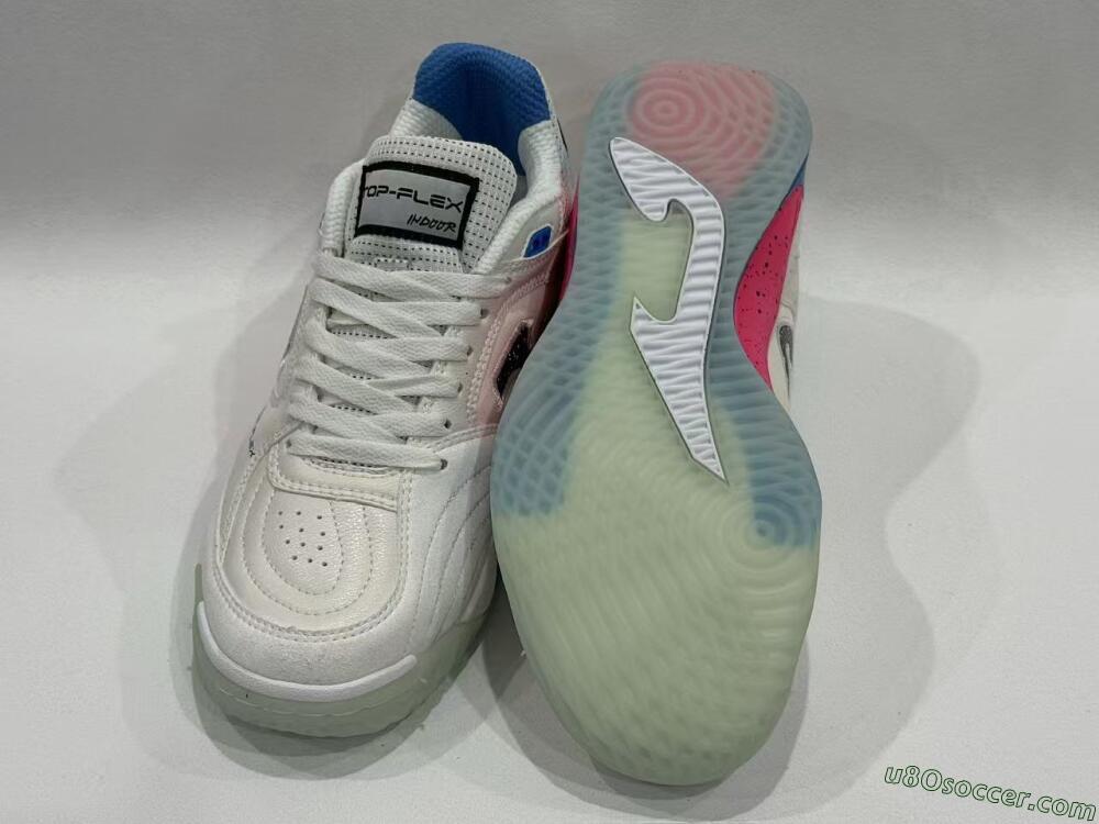 Joma Top Flex IC Indoor & Futsal Soccer Shoes - White/Coral Pink/Ocean Blue