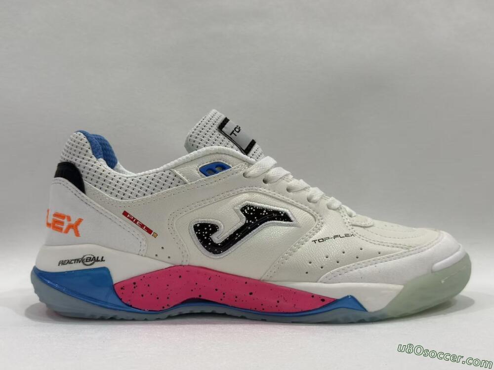 Joma Top Flex IC Indoor & Futsal Soccer Shoes - White/Coral Pink/Ocean Blue