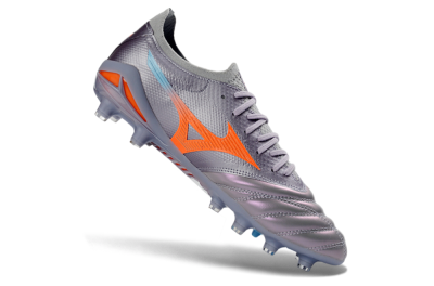 Mizuno Morelia Neo 4 FG Firm Ground Soccer Cleats - Gray/Sunset Orange/Light Blue