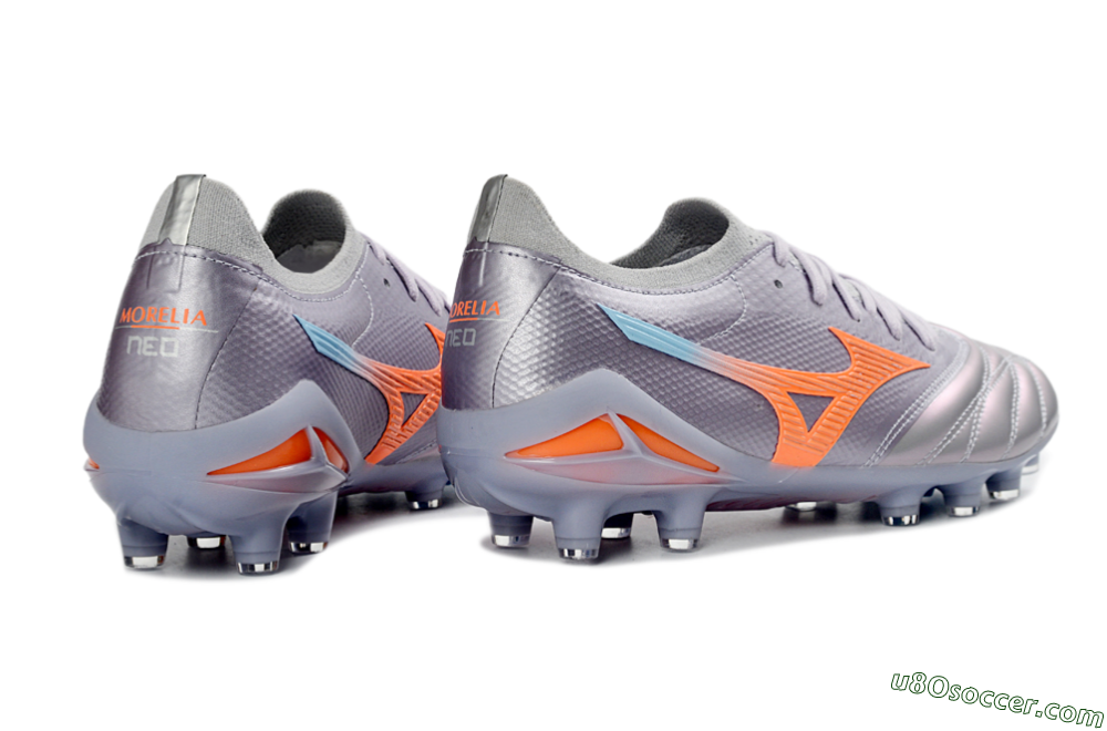 Mizuno Morelia Neo 4 FG Firm Ground Soccer Cleats - Gray/Sunset Orange/Light Blue 6