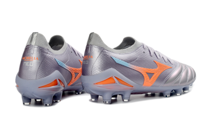 Mizuno Morelia Neo 4 FG Firm Ground Soccer Cleats - Gray/Sunset Orange/Light Blue