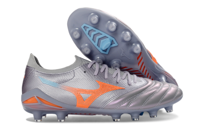 Mizuno Morelia Neo 4 FG Firm Ground Soccer Cleats - Gray/Sunset Orange/Light Blue
