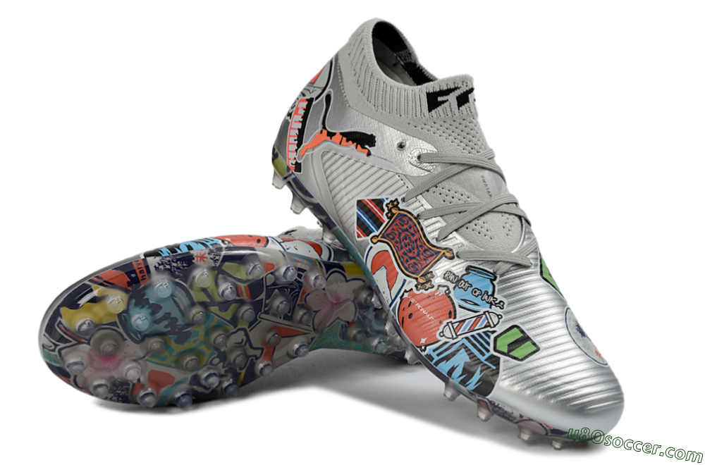 Puma Future 8 Ultimate MG Multi Ground Soccer Cleats - Silver/Vibrant Multicolor/Playful Pattern 3