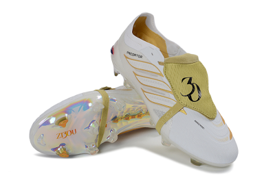 Adidas Predator 26 Elite Fold-Over Tongue FG Firm Ground Soccer Cleats - White/Gold Enhancer/Reflective Shine