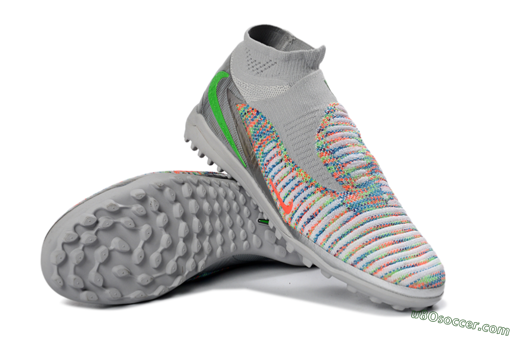 Nike Phantom 6 Elite High TF Artificial Turf Soccer Shoes - Gray/Vibrant Orange/Neon Green 3