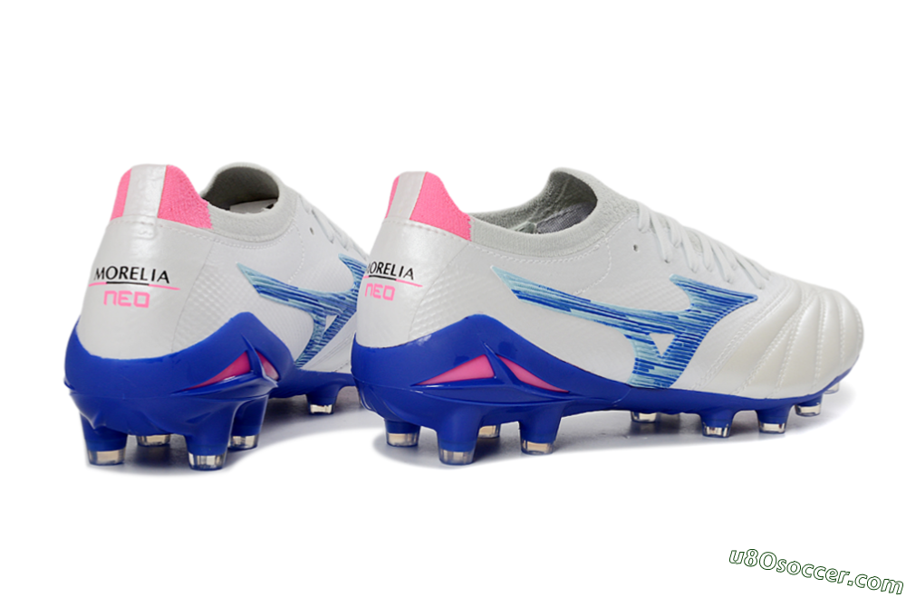 Mizuno Morelia Neo 4 FG Firm Ground Soccer Cleats - White/Electric Blue/Pink Fusion 6
