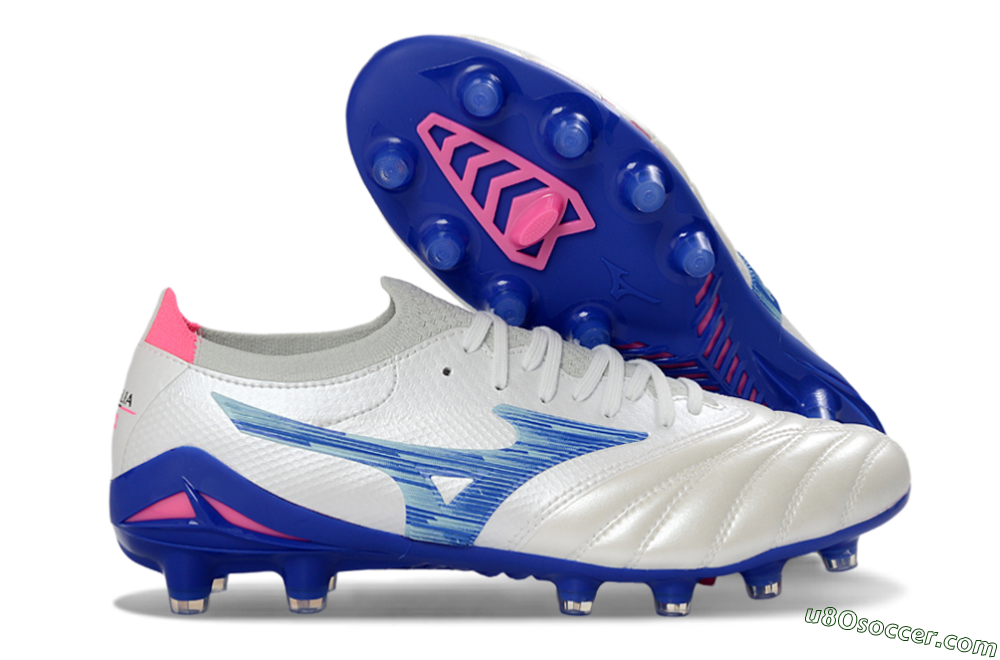Mizuno Morelia Neo 4 FG Firm Ground Soccer Cleats - White/Electric Blue/Pink Fusion 1