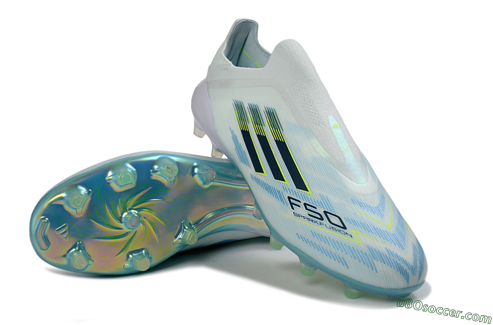 Adidas F50 Elite Laceless AG Artificial Grass Soccer Cleats - White/Iridescent Blue/Iridescent Green 3