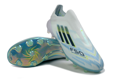 Adidas F50 Elite Laceless AG Artificial Grass Soccer Cleats - White/Iridescent Blue/Iridescent Green