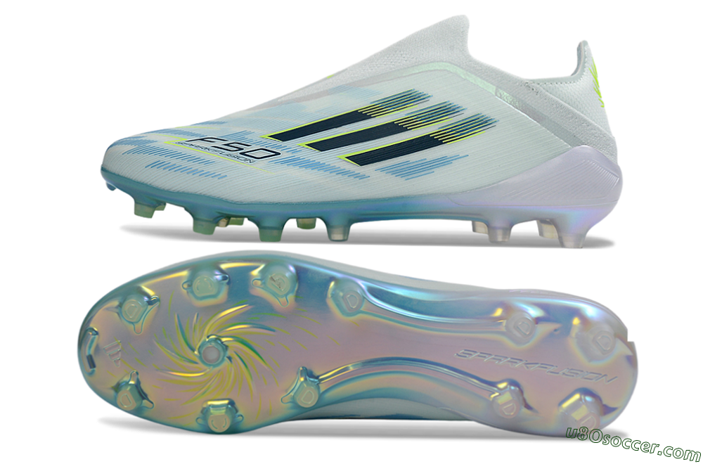 Adidas F50 Elite Laceless AG Artificial Grass Soccer Cleats - White/Iridescent Blue/Iridescent Green 0