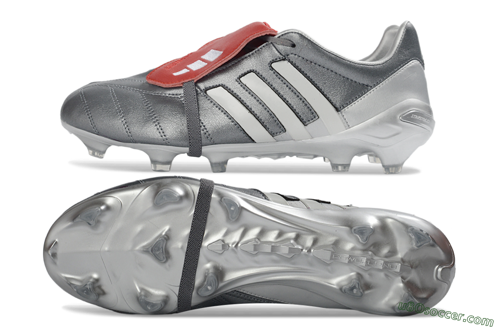 Adidas Predator 26 Elite Fold-Over Tongue FG Firm Ground Soccer Cleats - Gray/Metallic Silver/Crimson Red 0