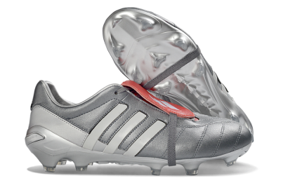 Adidas Predator 26 Elite Fold-Over Tongue FG Firm Ground Soccer Cleats - Gray/Metallic Silver/Crimson Red