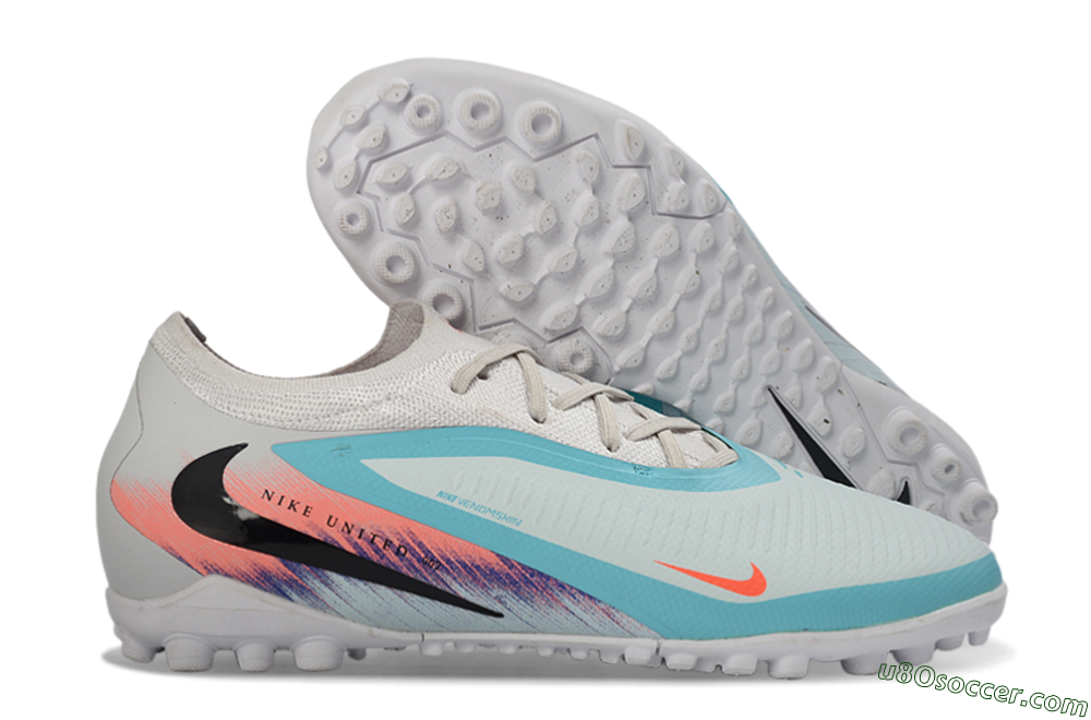 Nike Phantom 6 Elite Low TF Artificial Turf Soccer Shoes - White/Aqua Blue/Coral Pink 1