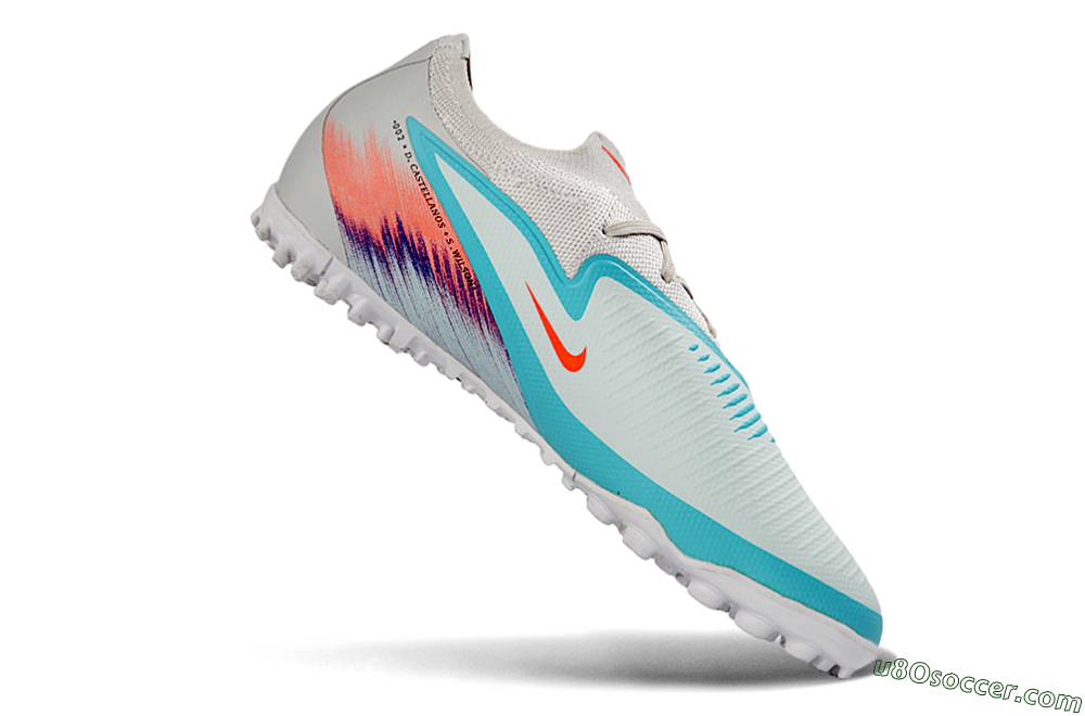 Nike Phantom 6 Elite Low TF Artificial Turf Soccer Shoes - White/Aqua Blue/Coral Pink 4