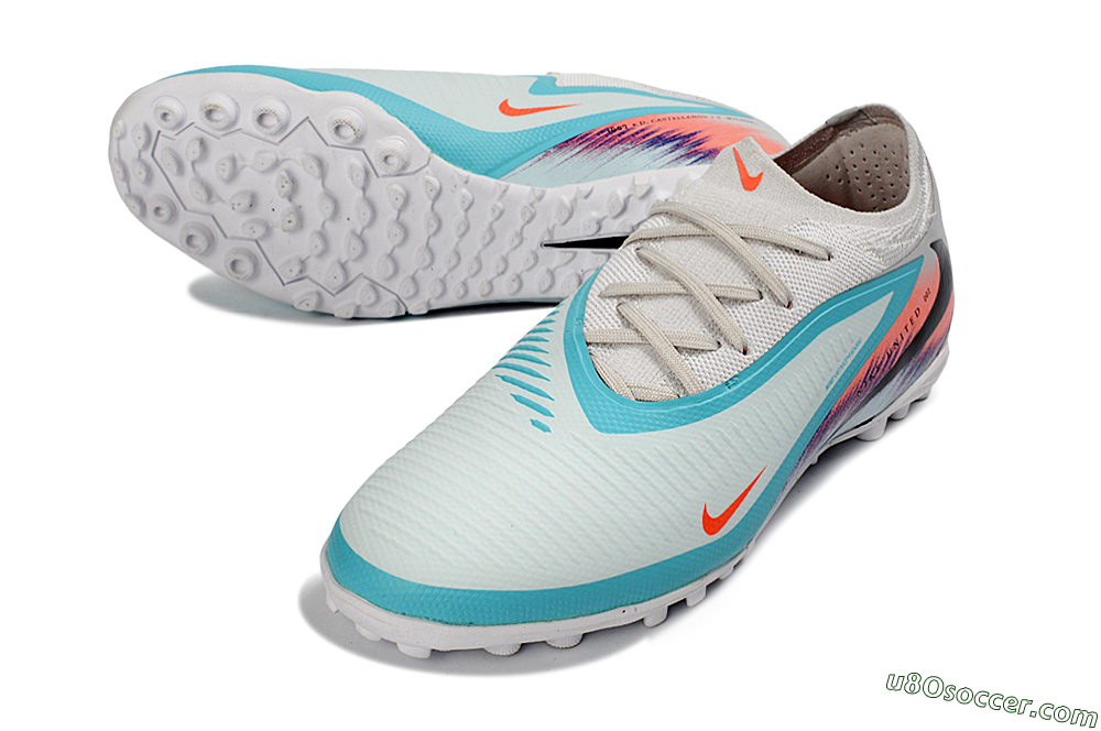Nike Phantom 6 Elite Low TF Artificial Turf Soccer Shoes - White/Aqua Blue/Coral Pink 3