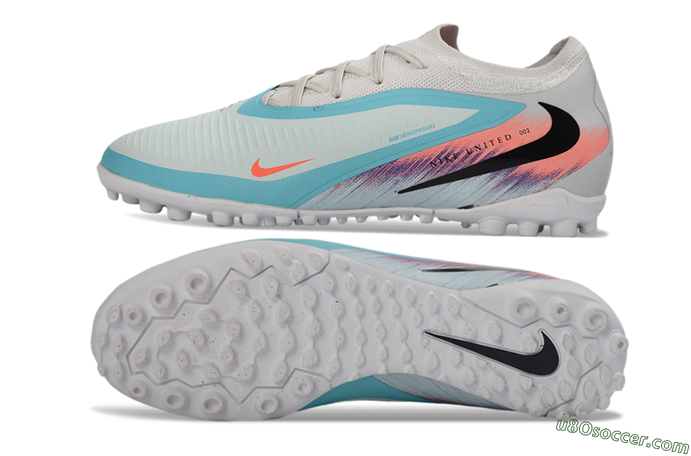Nike Phantom 6 Elite Low TF Artificial Turf Soccer Shoes - White/Aqua Blue/Coral Pink 0