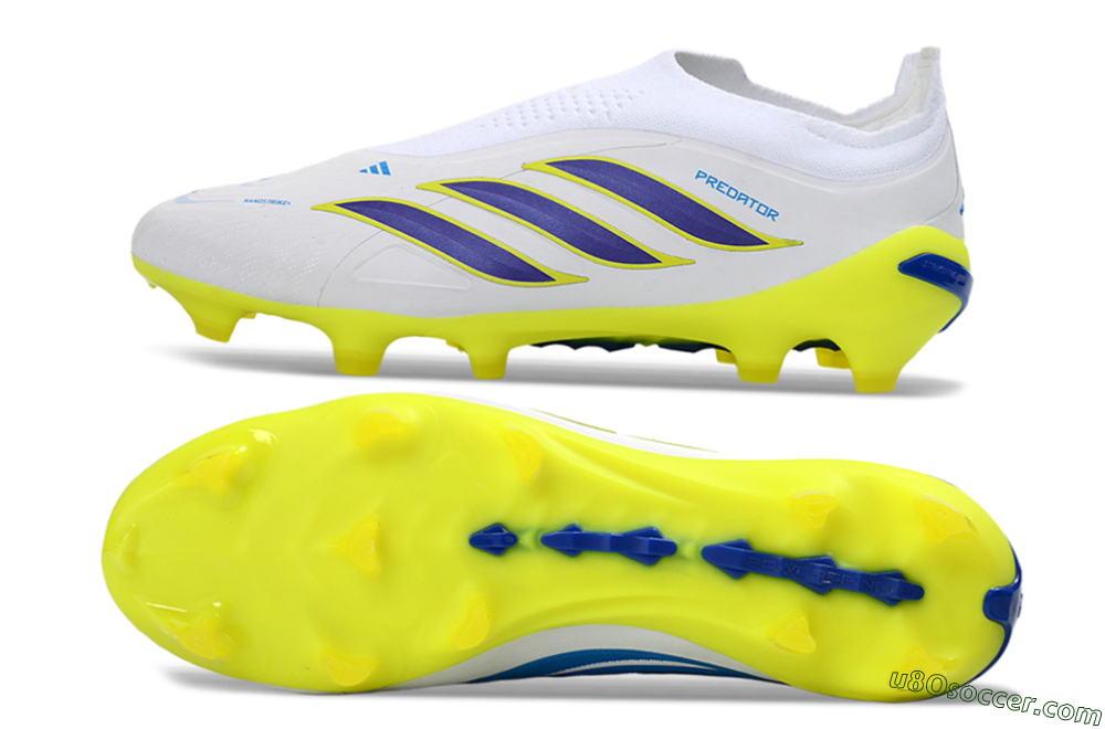 Adidas Predator 26 Elite Laceless FG Firm Ground Soccer Cleats - White/Electric Yellow/Deep Purple 0