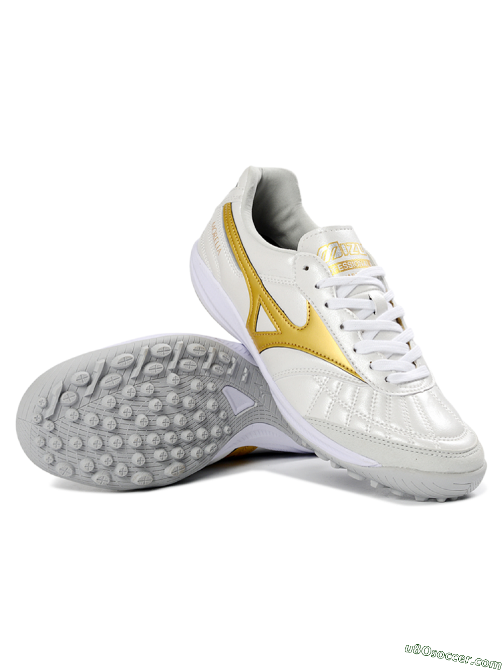 Mizuno Morelia Neo 4 TF Artificial Turf Soccer Shoes - White/Gold/White 3