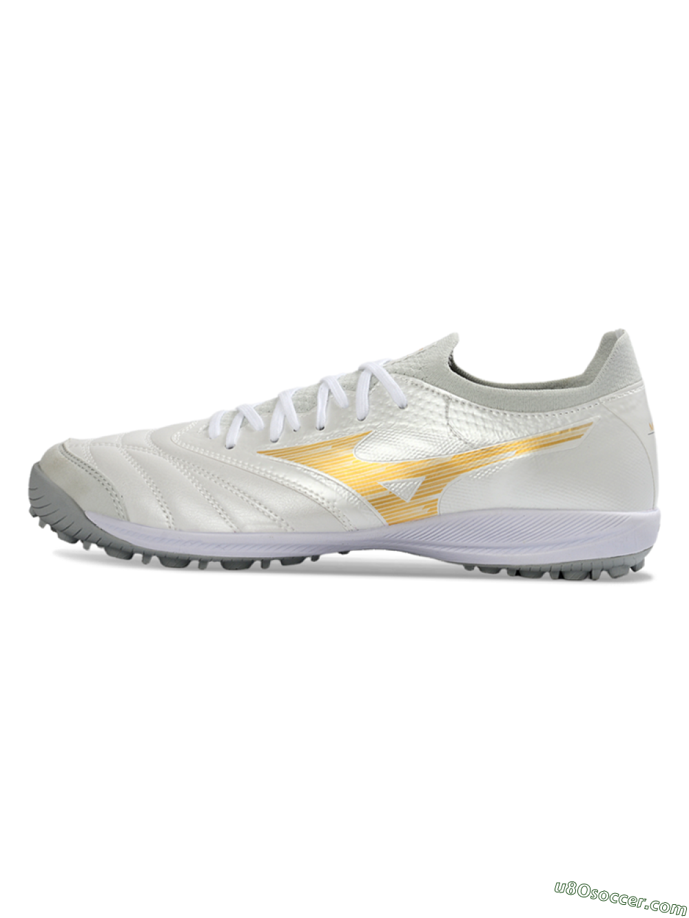 Mizuno Morelia Neo 4 TF Artificial Turf Soccer Shoes - White/Golden Shine/Gray Mist 2
