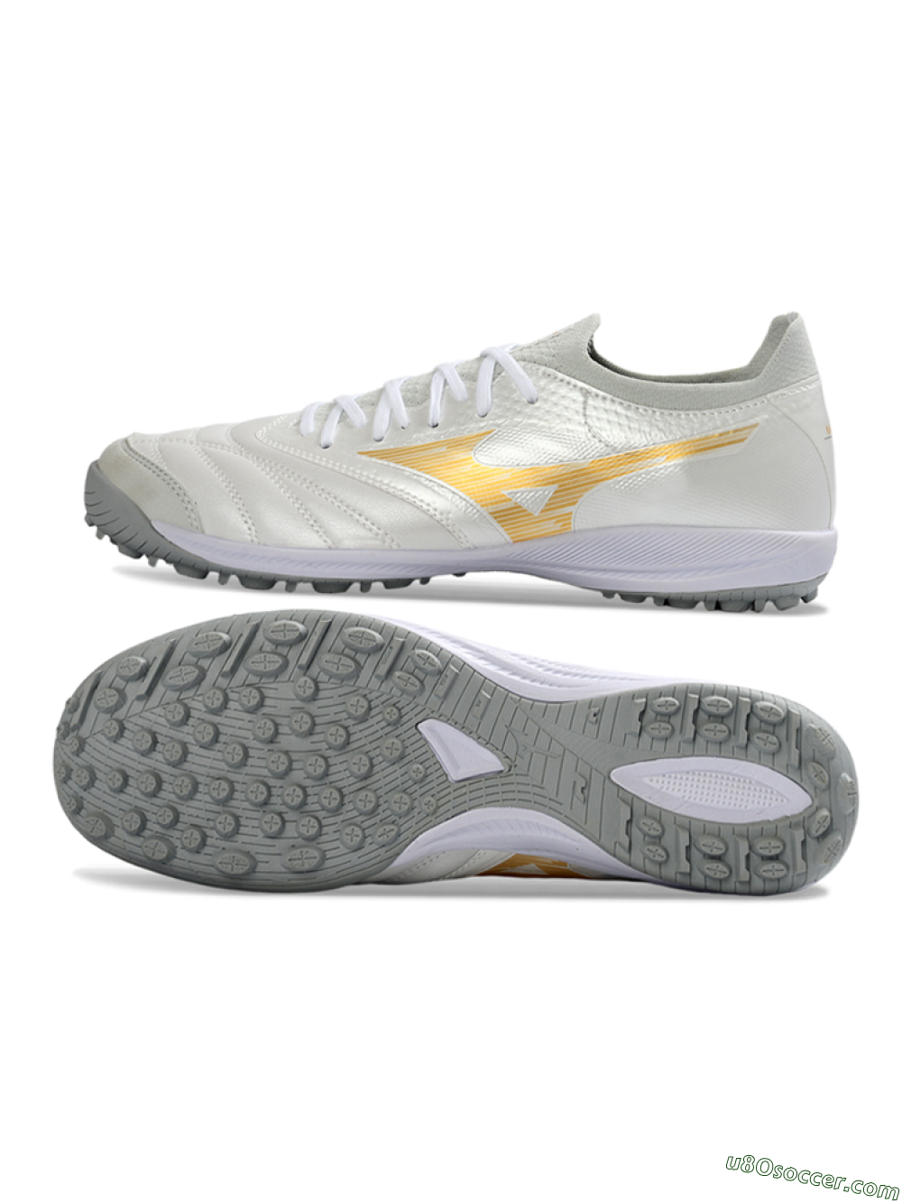 Mizuno Morelia Neo 4 TF Artificial Turf Soccer Shoes - White/Golden Shine/Gray Mist 0